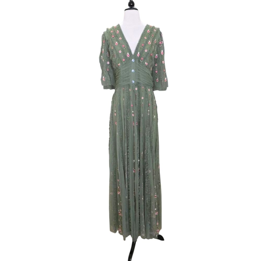 Mac Duggal 8028 Green Moss Floral Embroidered Tulle Gown Flutter Sleeve Dress 18 - Picture 2 of 14